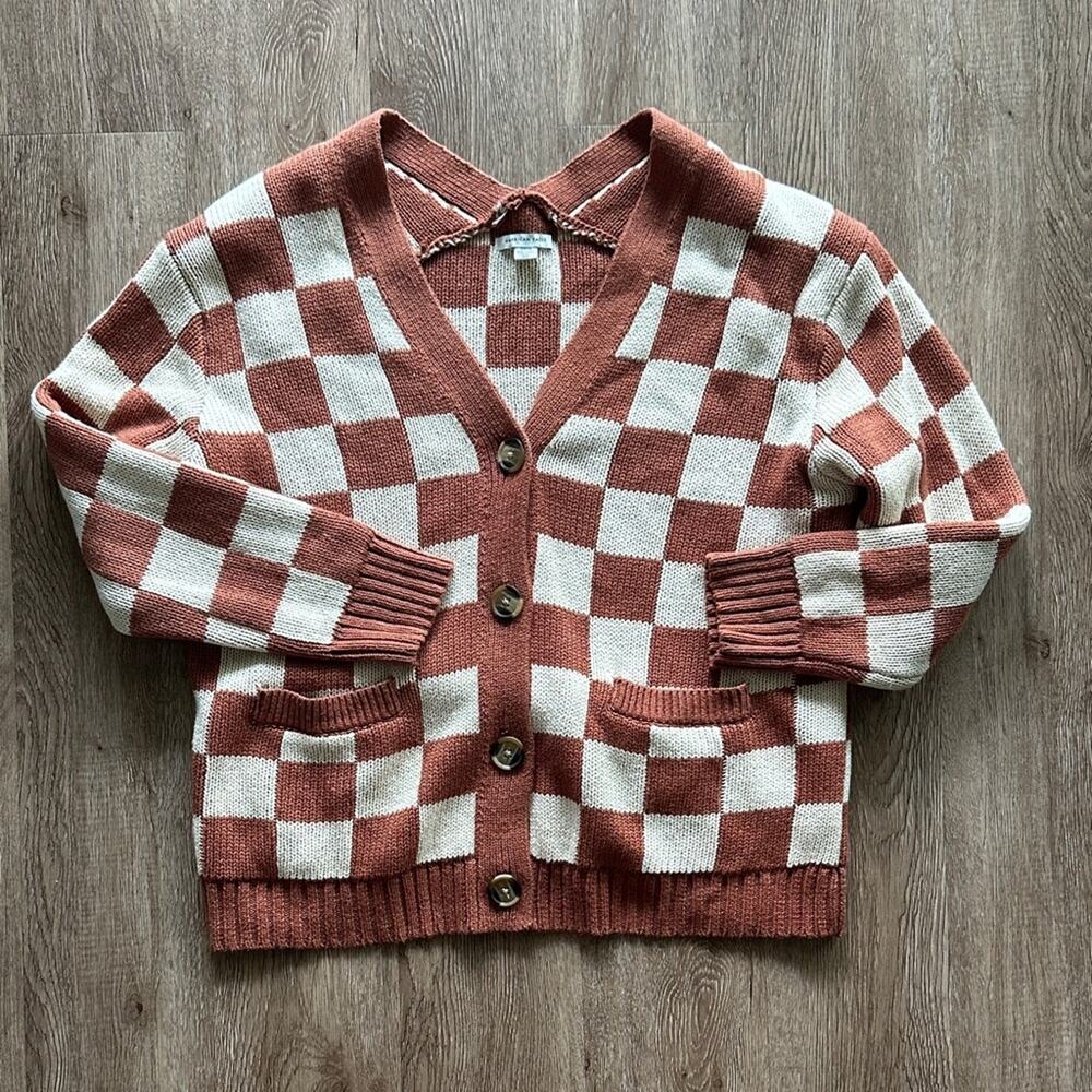American Eagle Oversized Cardigan Tan Brown Plaid Check Size Small - Picture 1 of 4